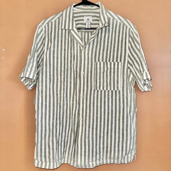 H&M Men's Linen Blend Short Sleeve Button Down T-Shirt Tee Green White - Medium - Picture 1 of 9
